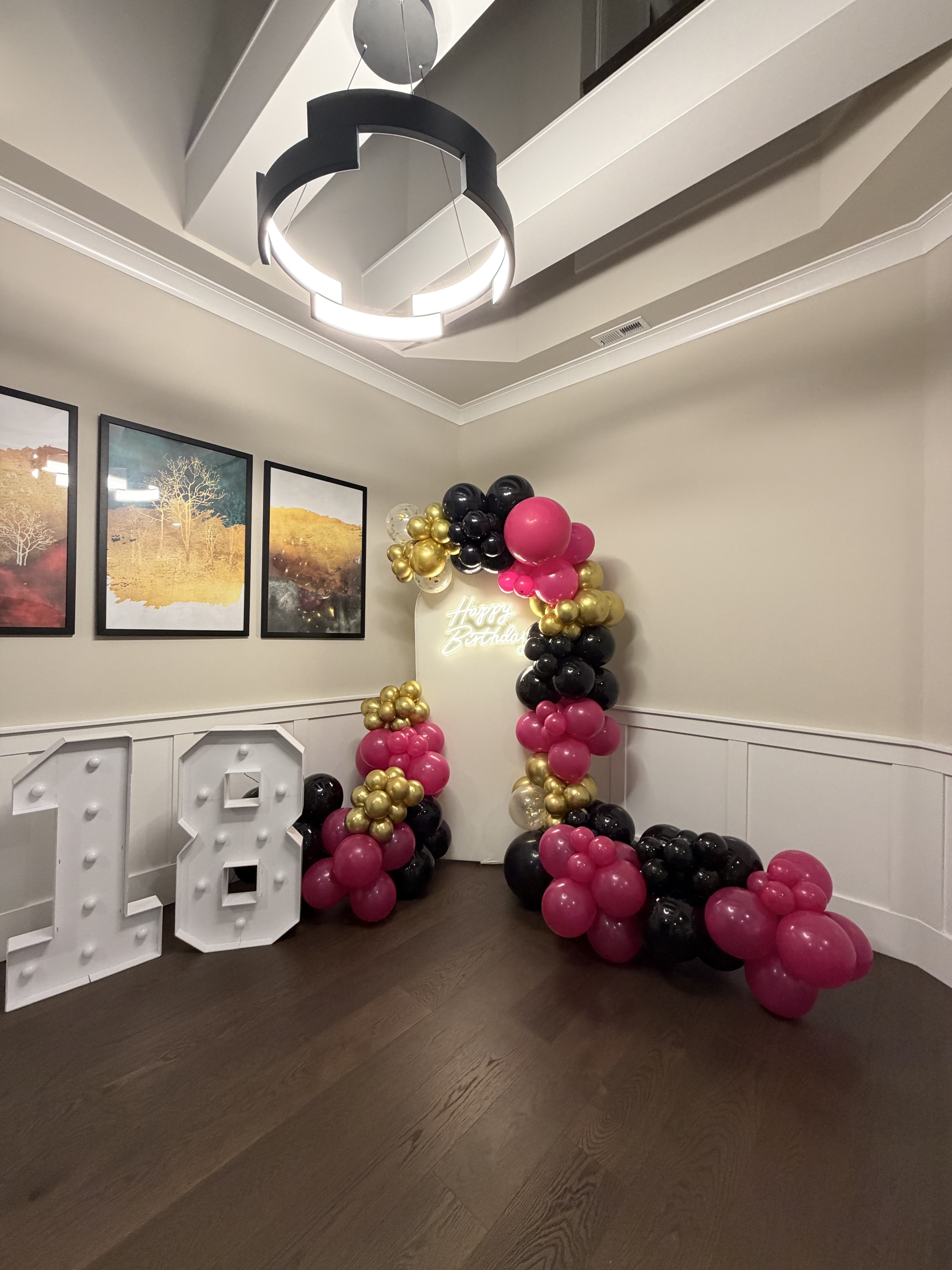 50th birthday retro balloon arch with neon