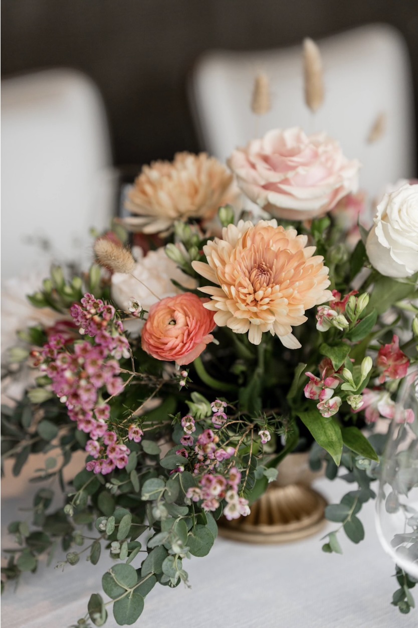 Colorful mixed flower bouquet overhead view